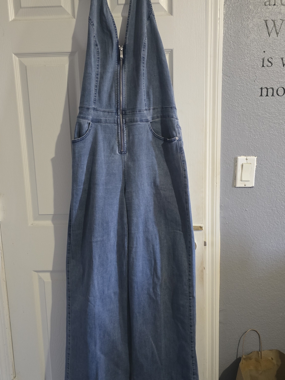 Denim Wide-Leg Jumpsuit in Light Blue